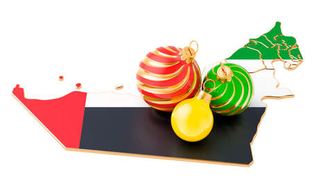 the UAE map with colored Christmas balls. New Year and Christmas holidays concept, 3D rendering isolated on white backgroundの写真素材