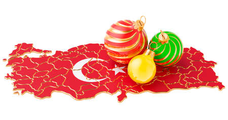 Turkish map with colored Christmas balls. New Year and Christmas holidays concept, 3D rendering isolated on white backgroundの写真素材