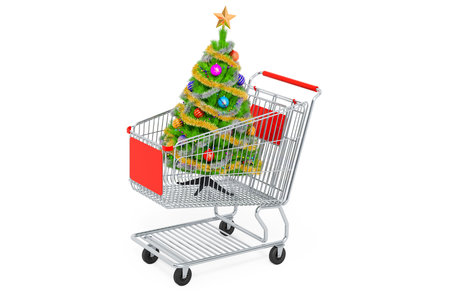 Christmas sale and shopping concept. Shopping cart with Christmas Tree inside. 3D rendering isolated on white backgroundの写真素材