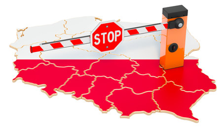 Border close in Poland. Customs and border protection concept. 3D rendering isolated on whiteの写真素材