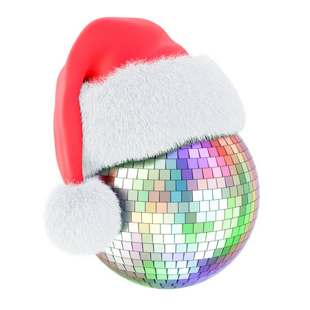 Christmas party concept. Mirror disco ball with red Santa hat, 3D rendering isolated on white backgroundの写真素材