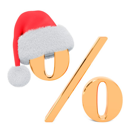 Christmas Sale and Discount concept. Percent with Santa Claus Christmas hat. 3D rendering isolated on white backgroundの写真素材