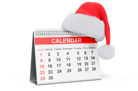 Desk calendar with Santa Claus red Christmas hat, 3D rendering isolated on white backgroundの写真素材
