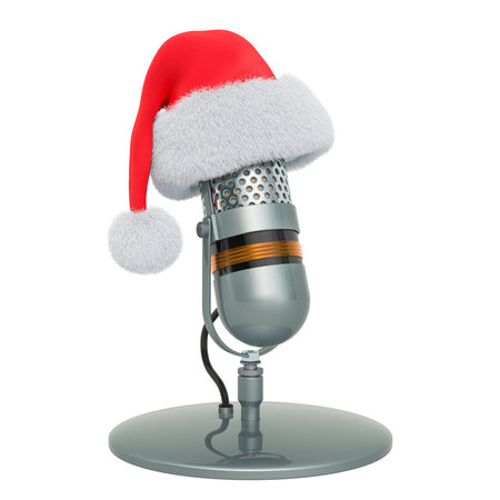 Microphone with Santa Claus red Christmas hat. 3D rendering isolated on white backgroundの写真素材