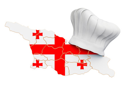 Georgian national cuisine concept. Chef hat with map of Georgia. 3D rendering isolated on white backgroundの写真素材