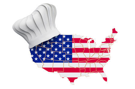American national cuisine concept. Chef hat with map of the USA. 3D rendering isolated on white backgroundの写真素材