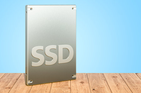 Solid state drive SSD on the wooden planks, 3D renderingの写真素材