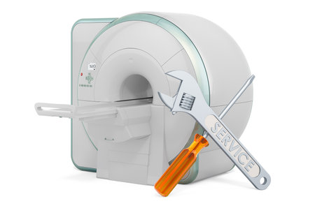 Service and repair of MRI Magnetic Resonance Imaging Scanner, 3D rendering isolated on white backgroundの写真素材