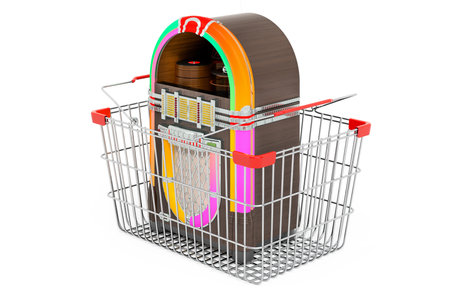 Classic jukebox inside shopping basket, 3D rendering isolated on white background