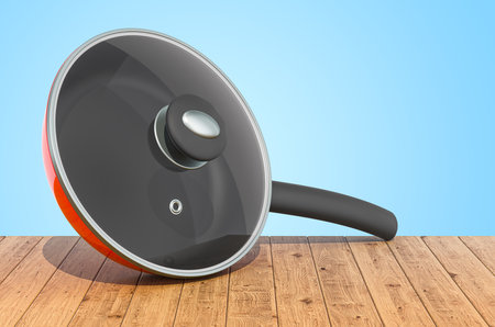 Frypan with glass lid on the wooden planks, 3D renderingの写真素材