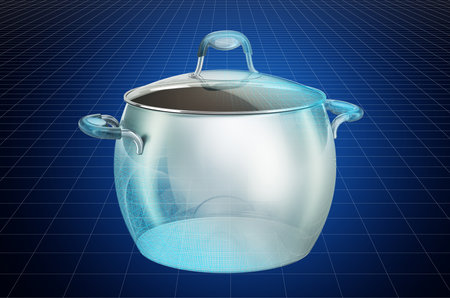 Visualization 3d cad model of steel stock pot with glass cover, blueprint. 3D renderingの写真素材