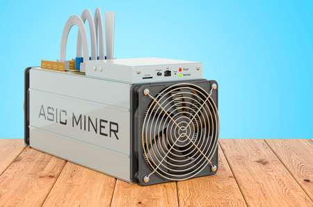 ASIC miner on the wooden planks, 3D renderingの写真素材
