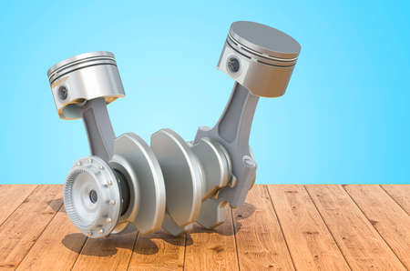 Engine pistons on the wooden planks, 3D rendering