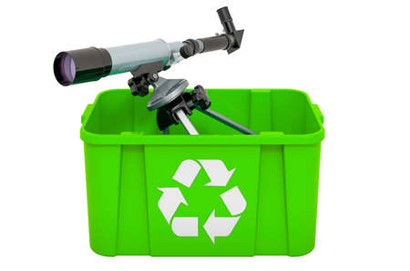 Recycling trashcan with telescope, 3D rendering isolated on white background
