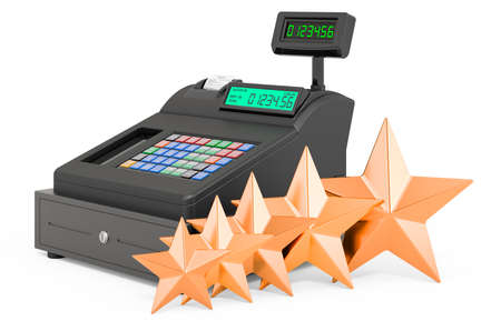 Customer rating of cash register. 3D rendering isolated on white backgroundの写真素材