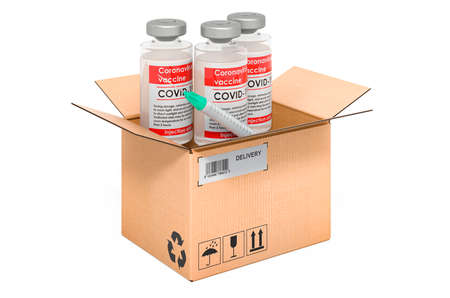 Vaccine inside cardboard box, delivery concept. 3D rendering isolated on white background