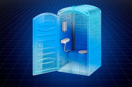 Visualization 3d cad model of portable plastic toilet cabin, blueprint. 3D renderingの写真素材
