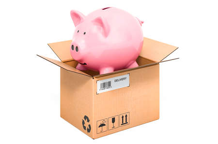 Piggy bank inside cardboard box, delivery concept. 3D rendering isolated on white backgroundの写真素材