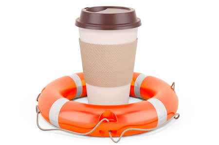 Disposable cup with hot drink with lifebelt. 3D rendering isolated on white background