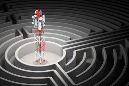 Mobile tower at center of dark maze, 3D renderingの写真素材