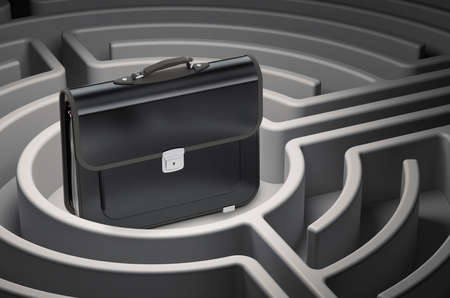 Career Development concept. Briefcase at center of dark maze, 3D renderingの写真素材