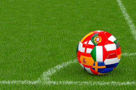 Soccer ball with flags in the corner of football field, 3D renderingの写真素材