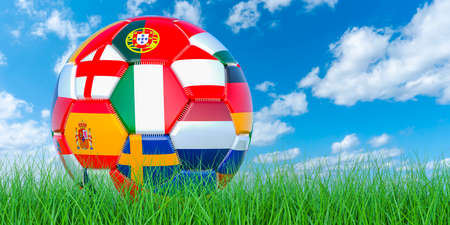 Soccer ball concept on the green grass against blue sky, 3D renderingの写真素材