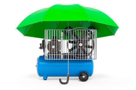 Air compressor under umbrella, 3D rendering isolated on white background
