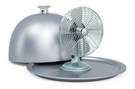 Restaurant cloche with table fan, 3D rendering isolated on white backgroundの写真素材