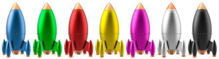 Retro colored toy spaceship rockets, 3D rendering isolated on white backgroundの写真素材