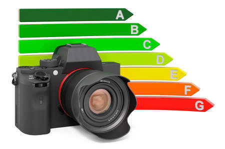 Digital single-lens reflex camera with energy efficiency chart, 3D rendering isolated on white...