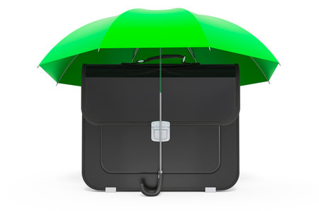 Briefcase under umbrella, 3D rendering isolated on white backgroundの写真素材