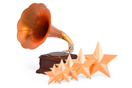 Retro phonograph, vintage gramophone with five golden stars. Customer rating of phonograph. 3D...
