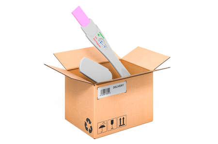 Pregnancy test inside cardboard box, delivery concept. 3D rendering isolated on white backgroundの写真素材