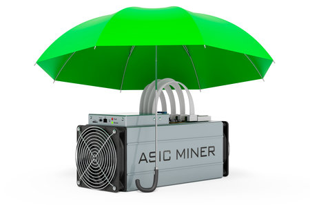 ASIC miner under umbrella, 3D rendering isolated on white backgroundの写真素材