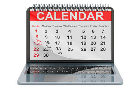 Laptop with calendar, 3D rendering isolated on white backgroundの写真素材