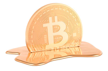 Melting Bitcoin concept, 3D rendering isolated on white backgroundの写真素材