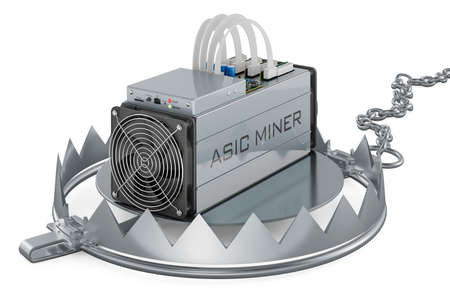 Bear Trap with ASIC bitcoin miner, 3D rendering isolated on white backgroundの写真素材