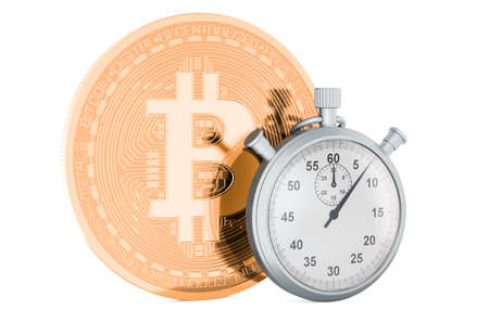 Bitcoin with stopwatch, 3D rendering isolated on white backgroundの写真素材