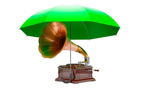 Retro phonograph, vintage gramophone under umbrella, 3D rendering isolated on white backgroundの写真素材