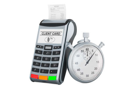 Stopwatch with POS terminal, 3D rendering isolated on white background