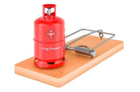 Propane gas cylinder inside mousetrap, 3D rendering isolated on white background