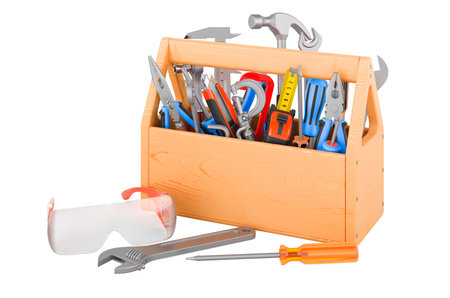 Tools inside wooden toolbox, 3D rendering isolated on white backgroundの写真素材