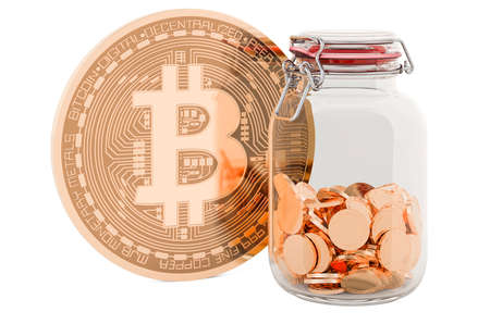 Bitcoin with glass jar full of golden coins, 3D rendering isolated on white backgroundの写真素材