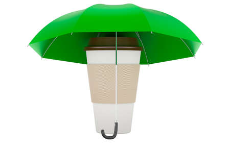 Disposable cup with hot drink under umbrella. 3D rendering isolated on white backgroundの写真素材