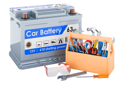 Car battery with toolbox. Repair and service of car battery, 3D rendering isolated on white backgroundの写真素材