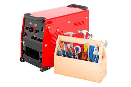 Mlti-process welder with toolbox. Service and repair of multi-process welder machine, 3D rendering...