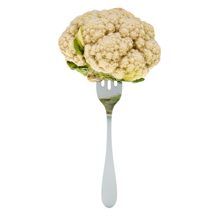 Fresh cauliflower on fork, 3D rendering isolated on white backgroundの写真素材