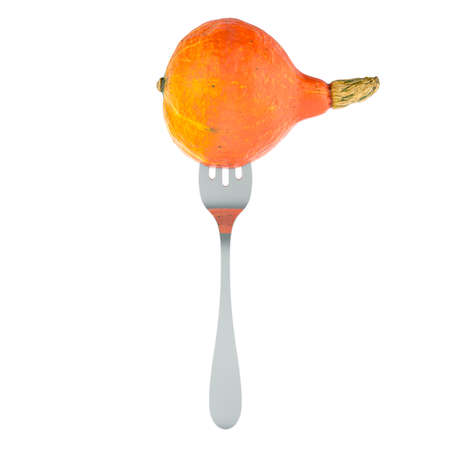 Hokkaido pumpkin on fork, 3D rendering isolated on white backgroundの写真素材