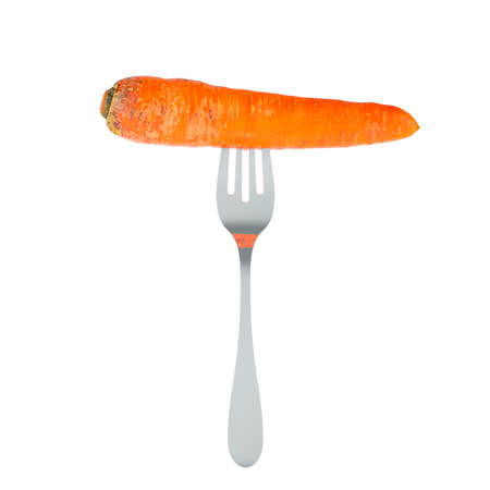 Fresh carrot on fork, 3D rendering isolated on white backgroundの写真素材